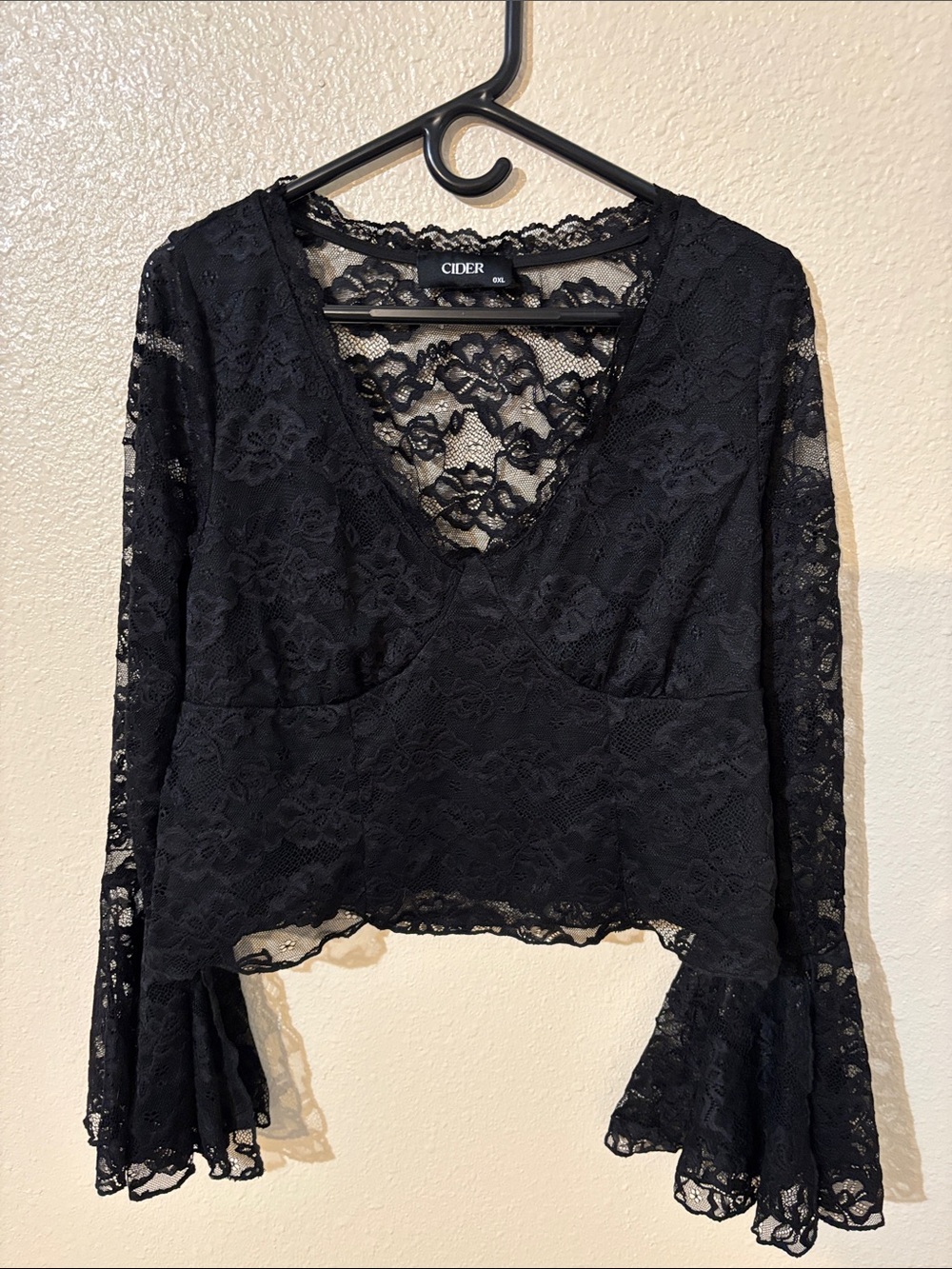Cider Black Floral Lace V-Neck Bell Sleeve Top